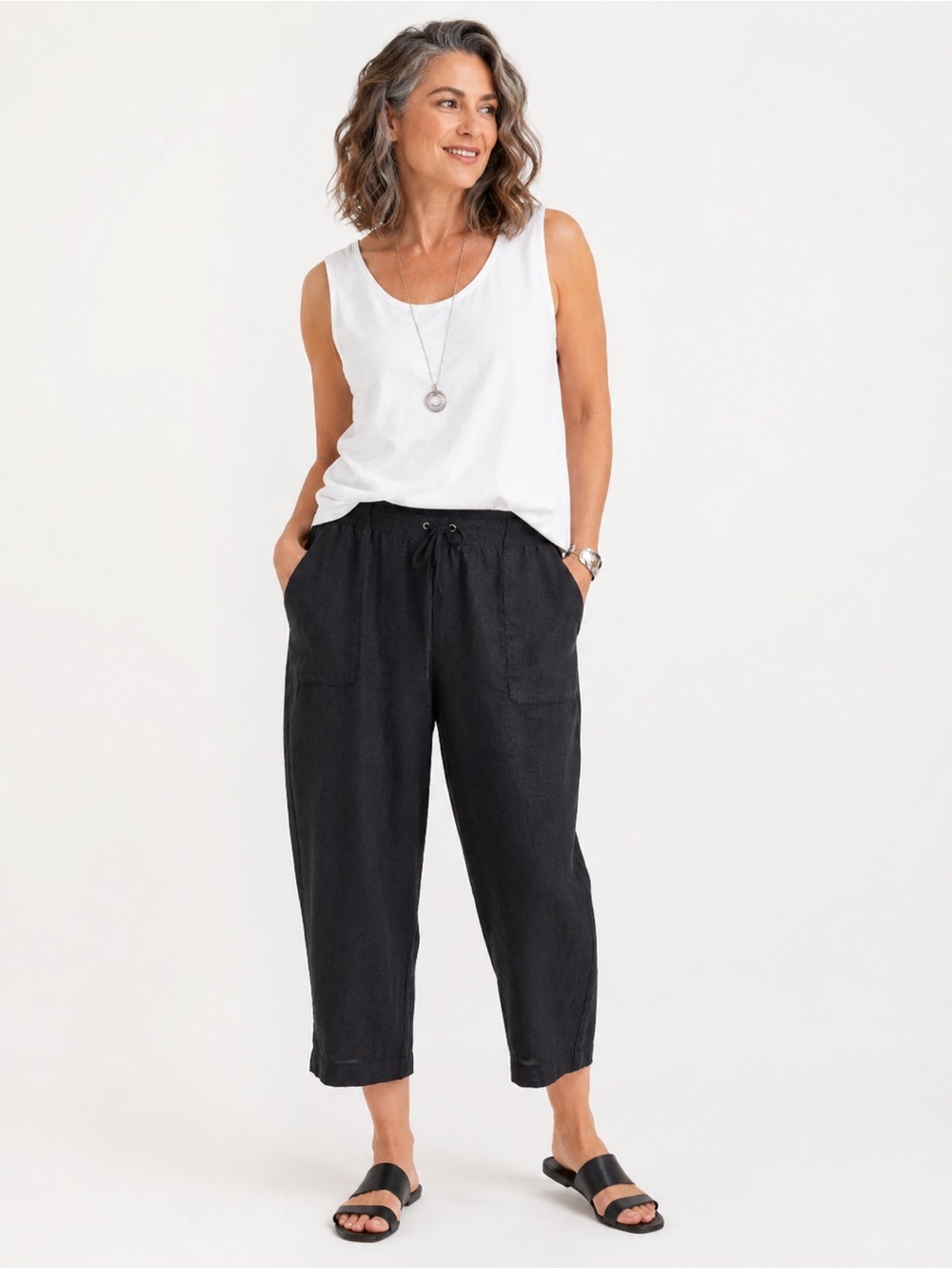 Eileen Fisher Black Linen Cropped Pants Elastic Drawstring Waist Size L